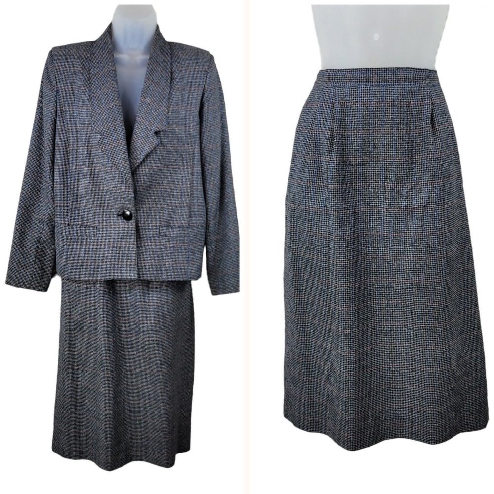 Vintage 80s 2-piece Skirt Suit Set Size 8/10 Blazer Jacket Houndstooth Red Blue